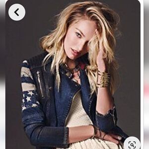Free People Navy and Cream Star Varsity Jacket